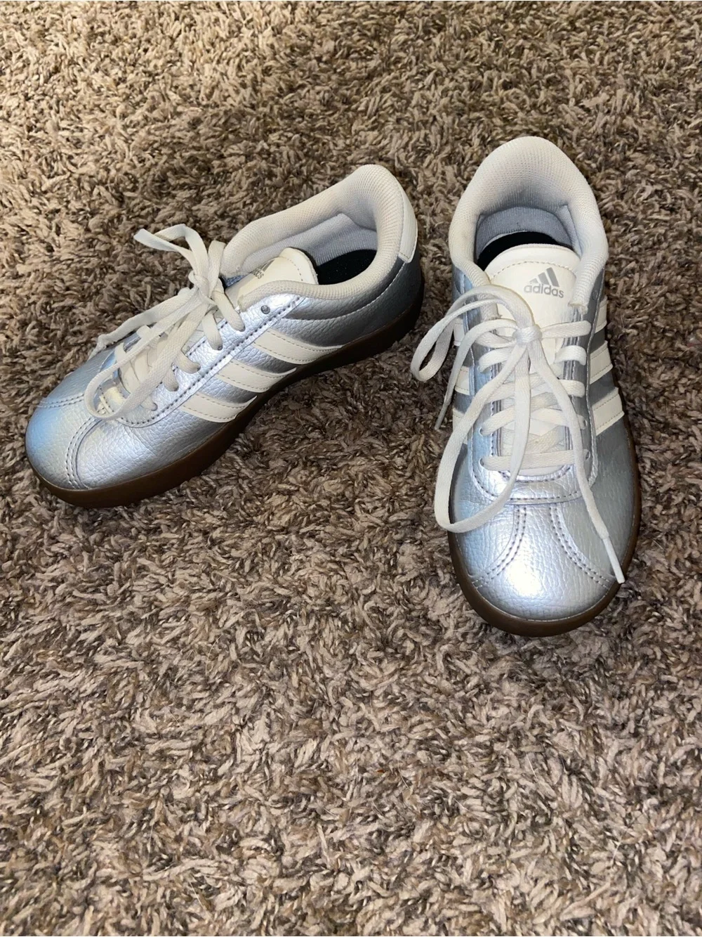 adidas Metallic Silver Trainers with White Stripes